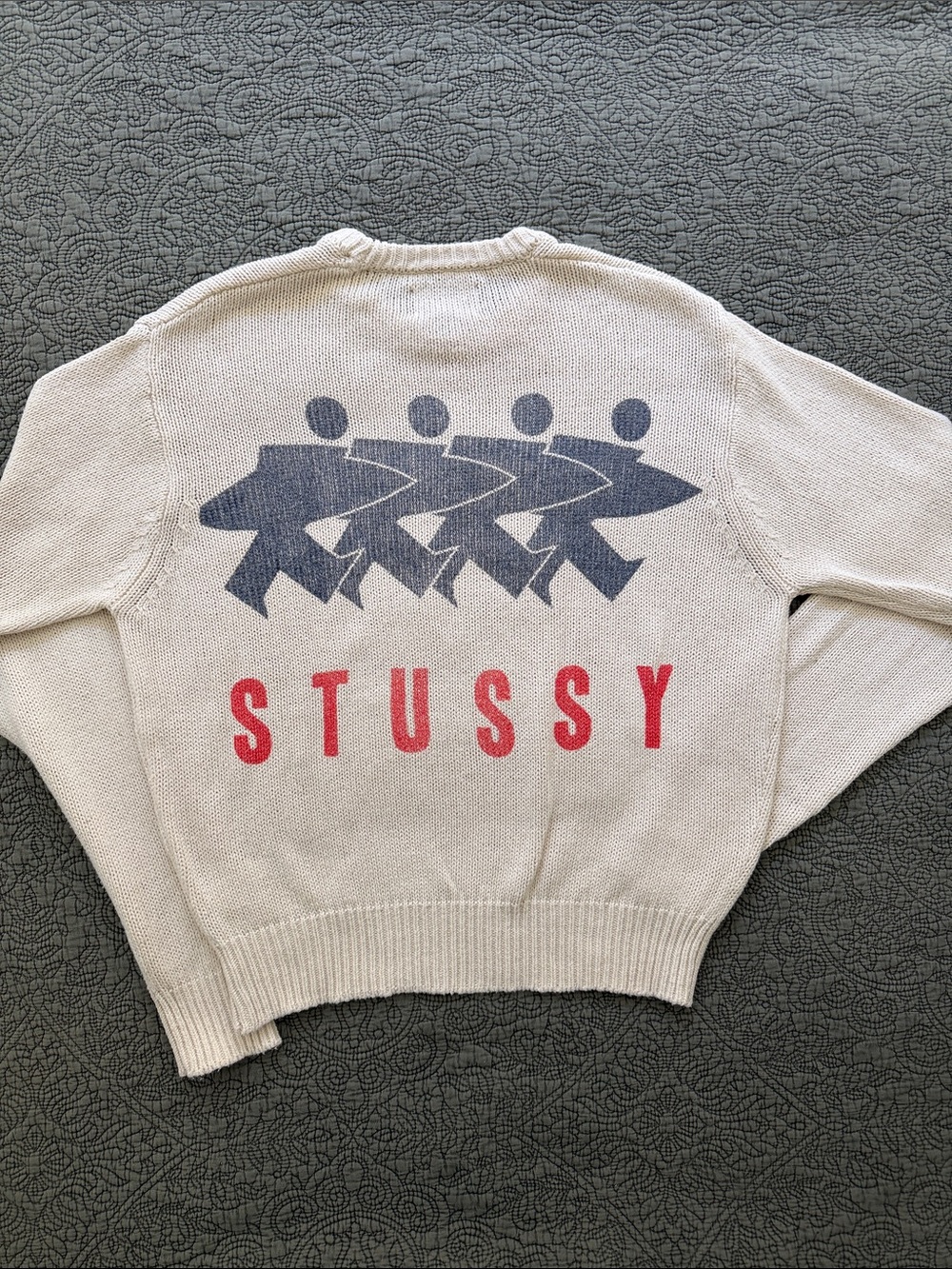 Stussy Cream Crewneck Sweater with Navy Graphic and Red Logo Size S